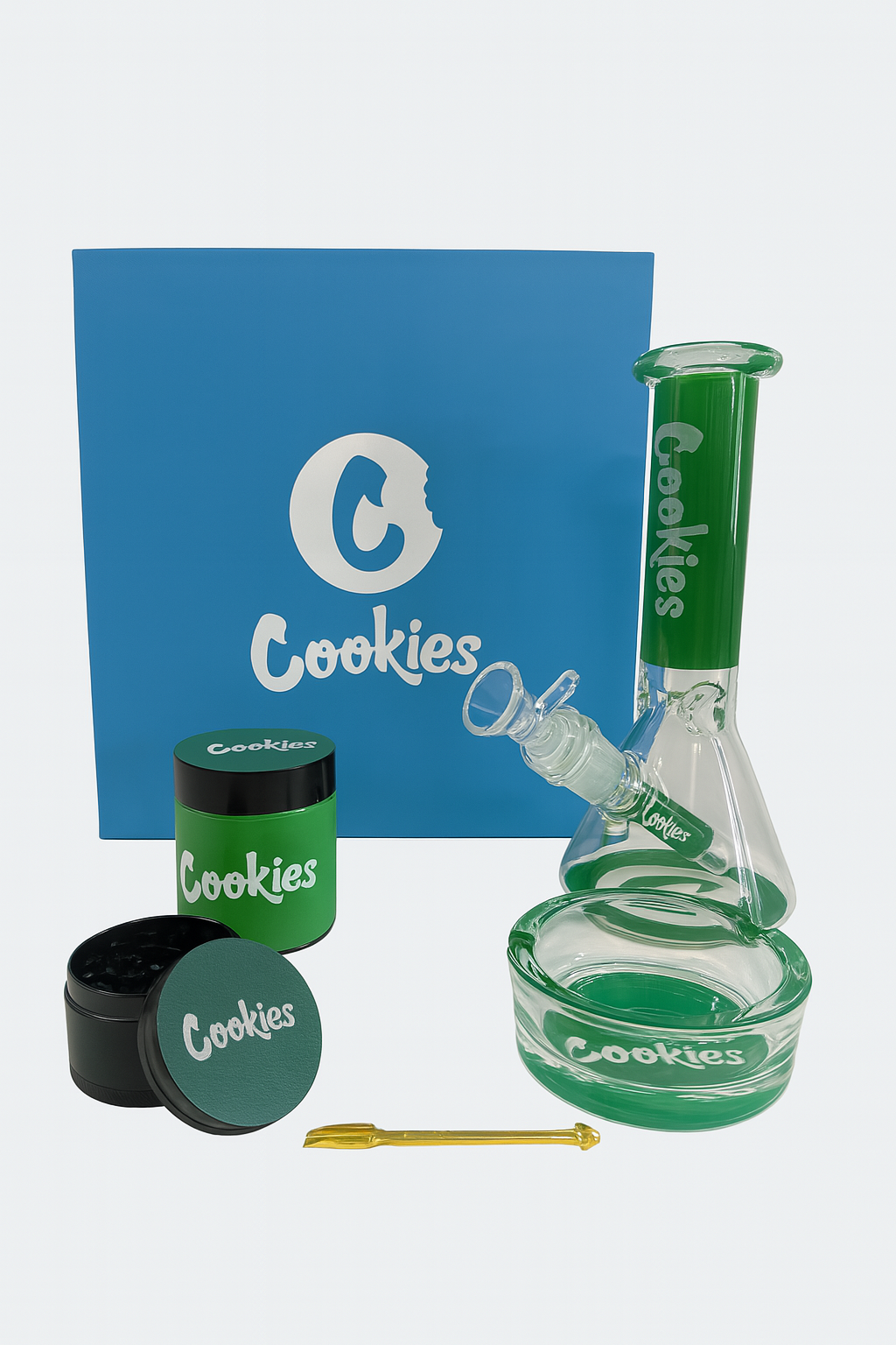 Smoke Set w/ 8" Glass bong, Grinder, Storage & Ashtray