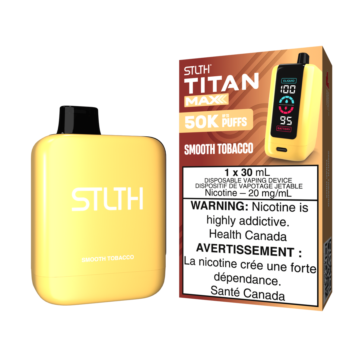 STLTH TITAN MAX Disposable vape with smooth tobacco flavor and mega screen display