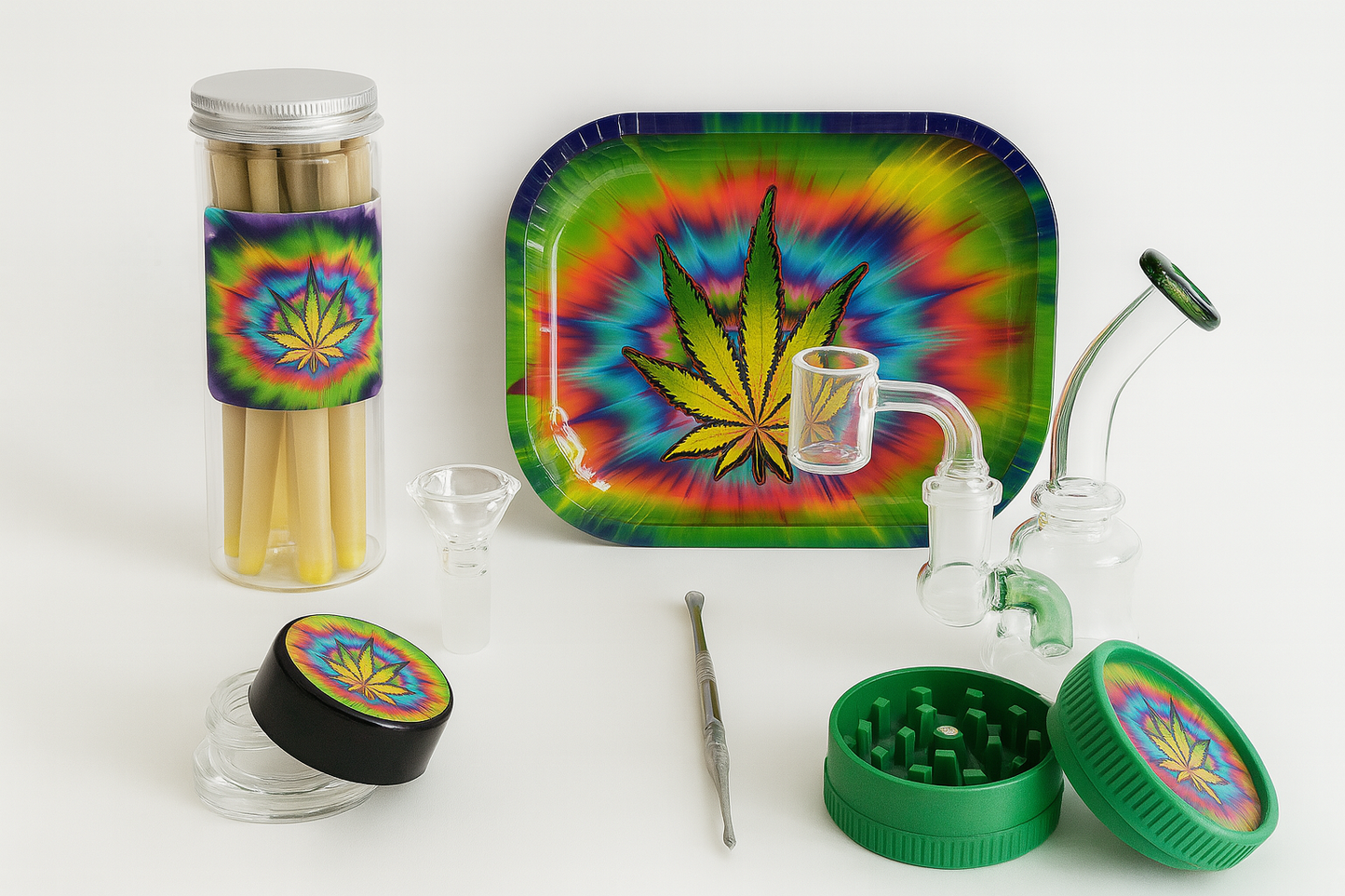Smoke Set w/ 4.5" Glass Rig, Grinder, Jar, Ashtray, Sculpting Tool & 30 Cones