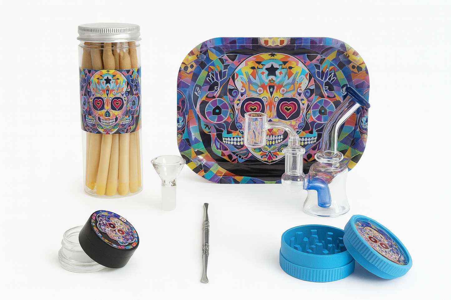 Smoke Set w/ 4.5" Glass Rig, Grinder, Jar, Ashtray, Sculpting Tool & 30 Cones