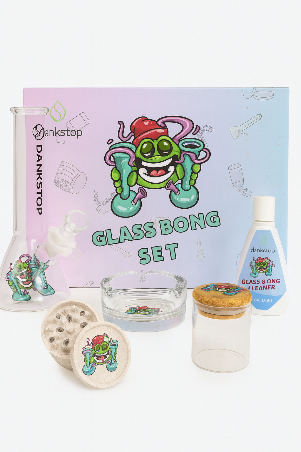 Smoke Set w/ 8" Glass bong, with Smoke Acceseries and Cleaner