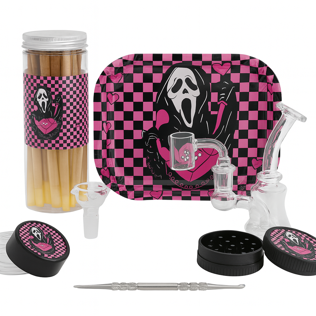 Smoke Set w/ 4.5" Glass Rig, Grinder, Jar, Ashtray, Sculpting Tool & 30 Cones