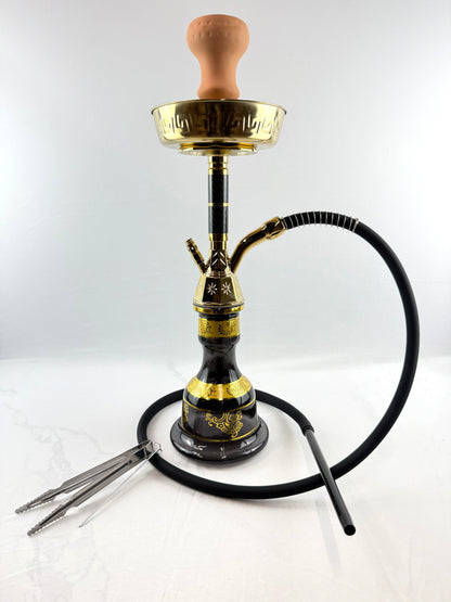 22" Mona Gold PlatedcEngraved Glass Base Egyptian Style Single Hose Hookah