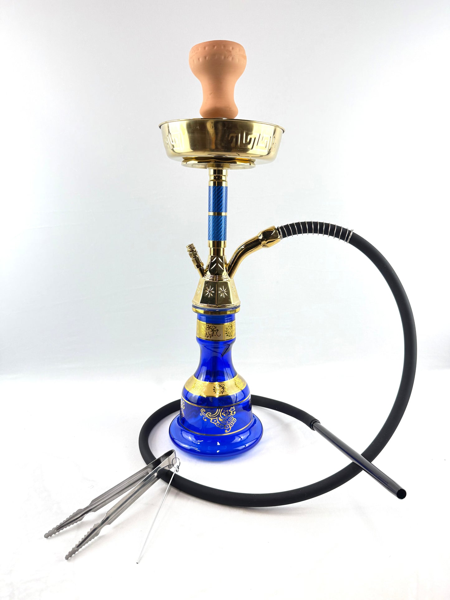 22" Mona Gold PlatedcEngraved Glass Base Egyptian Style Single Hose Hookah