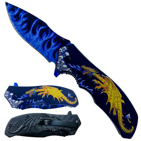 3" Blue Blade / Gold Dragon Handle