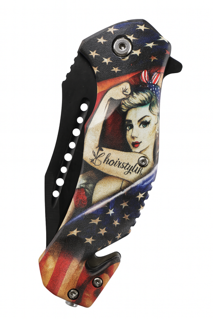 3.75" Black Blade/ US Flag w Girl Handle