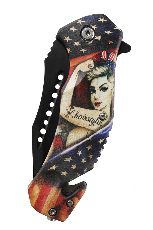 3.75" Black Blade/ US Flag w Girl Handle