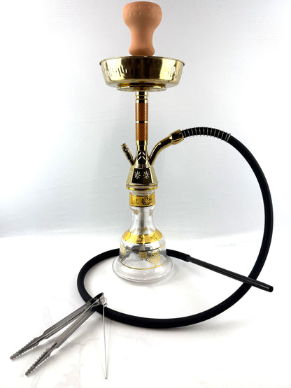 22" Mona Gold PlatedcEngraved Glass Base Egyptian Style Single Hose Hookah